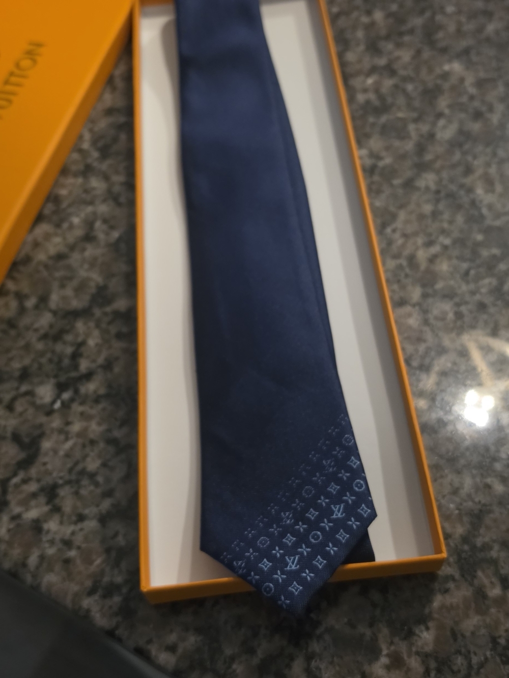 Louis Vuitton Dark Blue Silk Tie with Monogram Tip